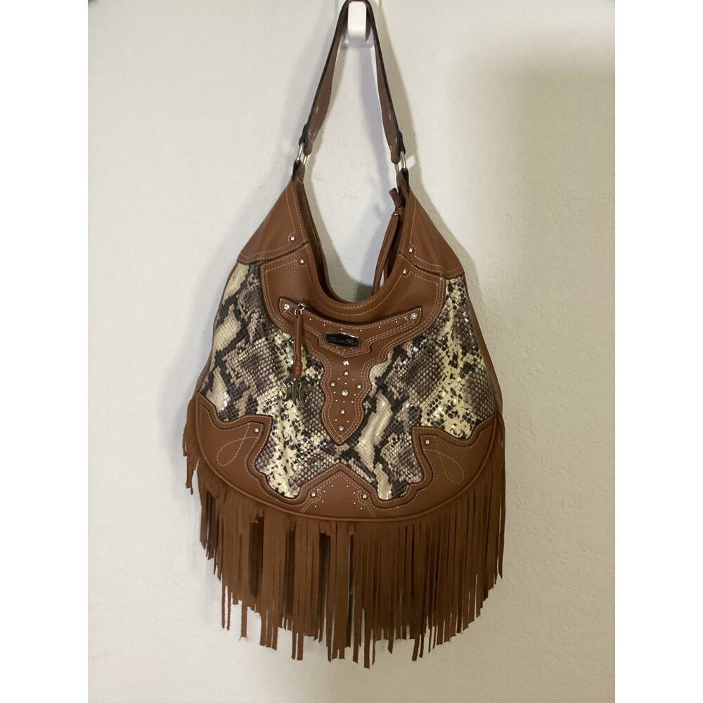 Miss Me Handbag with Faux Snakeskin and Leather and Fringe